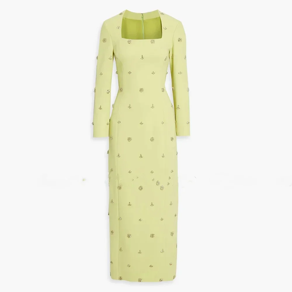 Malina Lime Green Pastel Embellished Long Sleeve Dress