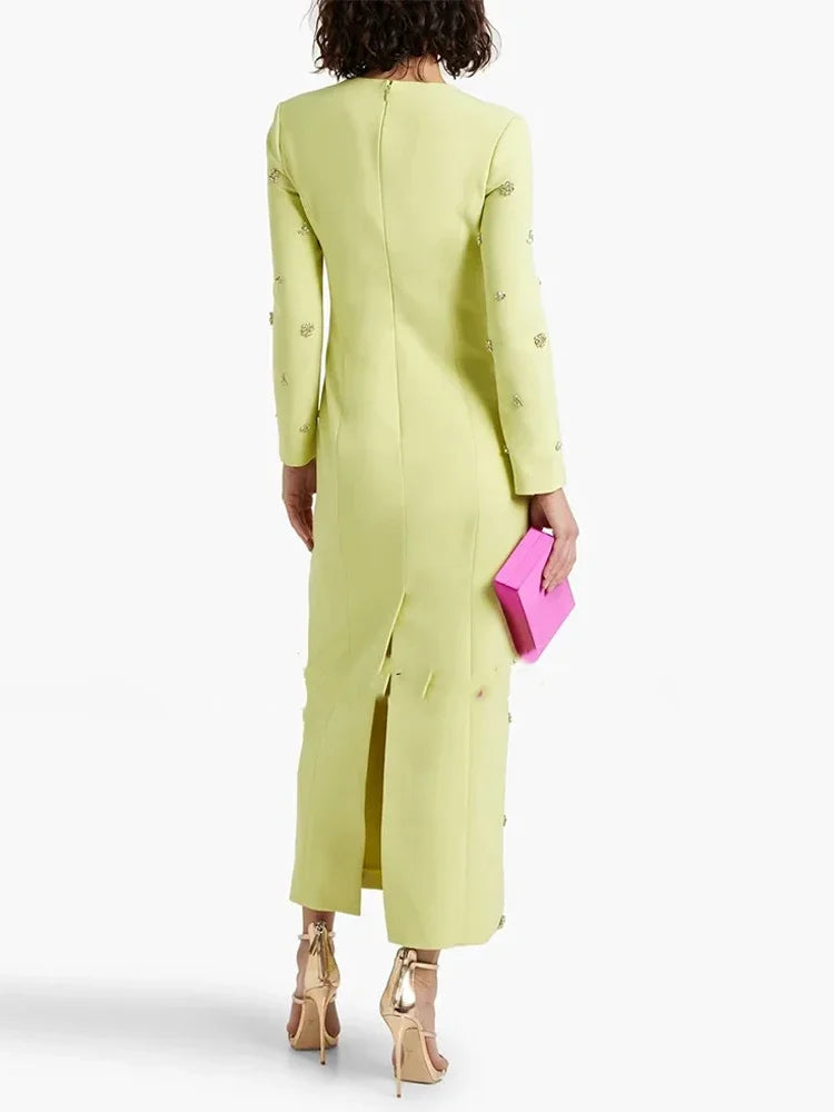 Malina Lime Green Pastel Embellished Long Sleeve Dress
