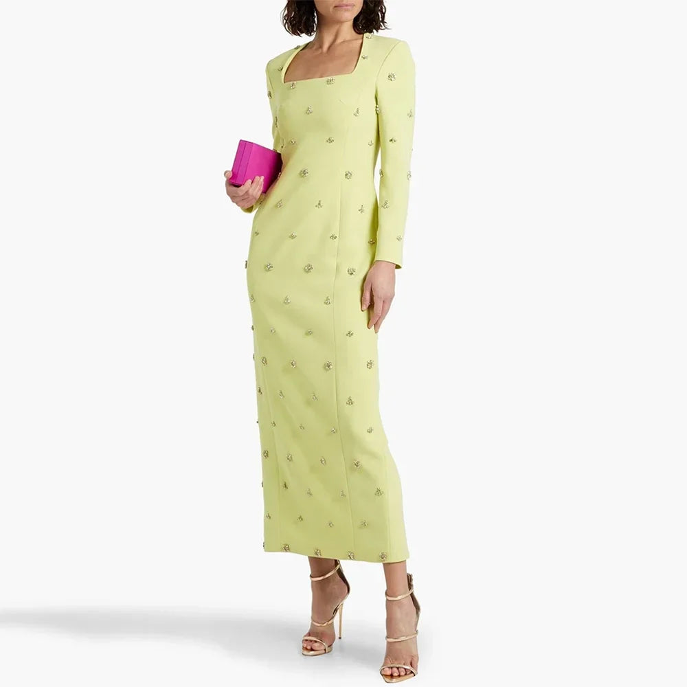 Malina Lime Green Pastel Embellished Long Sleeve Dress